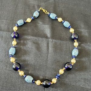 Blue ceramic bead and pearl necklace.  20in.